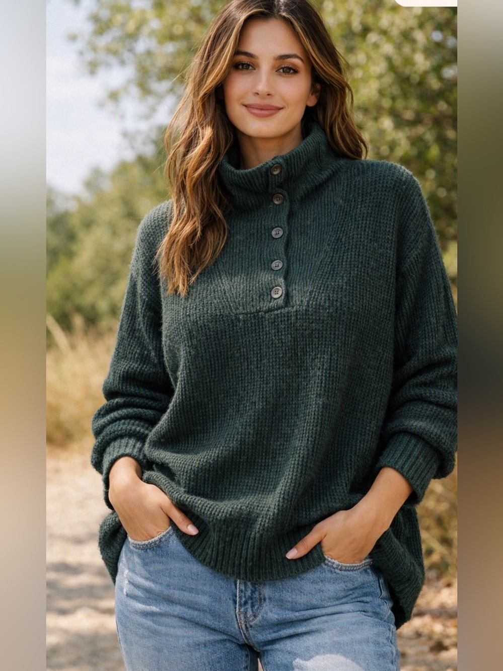aerie Oversize Forest Green Button-Up Turtleneck Sweater